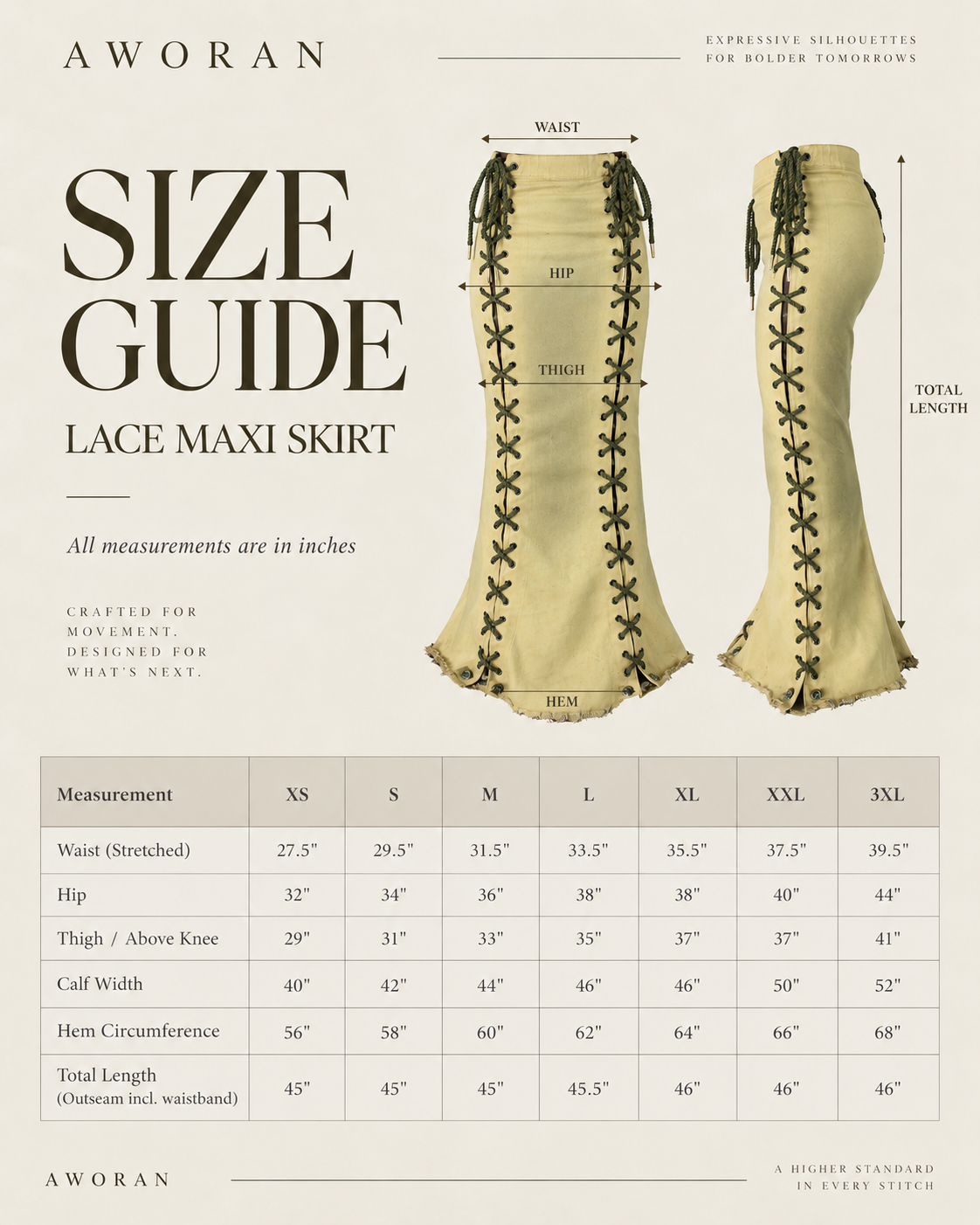 Sand Dunes Maxi Skirt size chart
